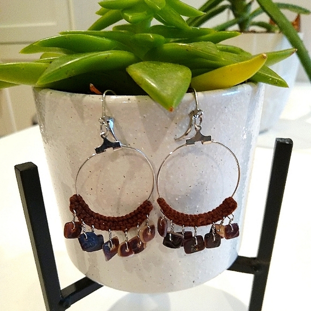 Boho Hand Crafted Shell and Brown Knit Dangle Earrings
